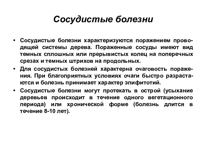 Сосудистые болезни Сосудистые болезни характеризуются поражением прово-дящей системы дерева. Пораженные