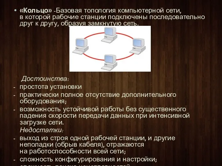 «Кольцо» -Базовая топология компьютерной сети, в которой рабочие станции подключены