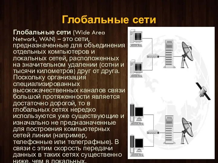 Глобальные сети Глобальные сети (Wide Area Network, WAN) – это