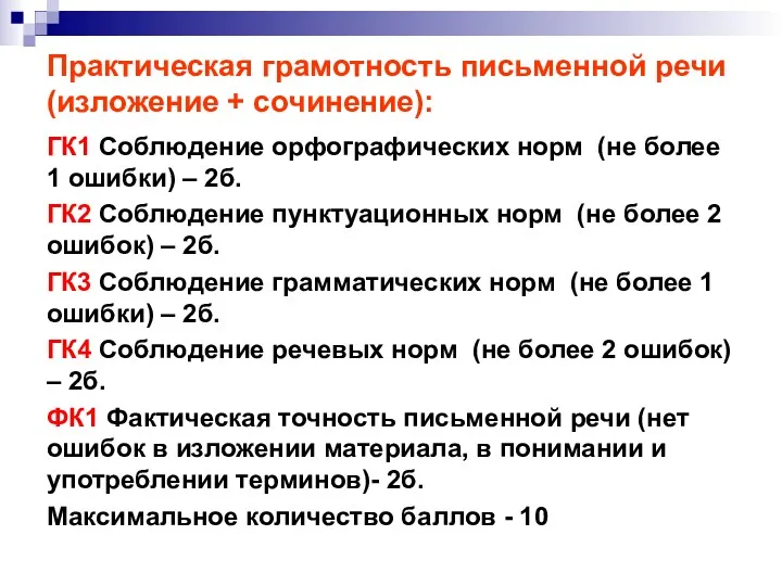 Практическая грамотность письменной речи (изложение + сочинение): ГК1 Соблюдение орфографических