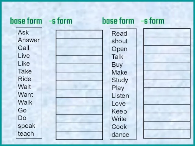 base form -s form Ask Answer Call Live Like Take