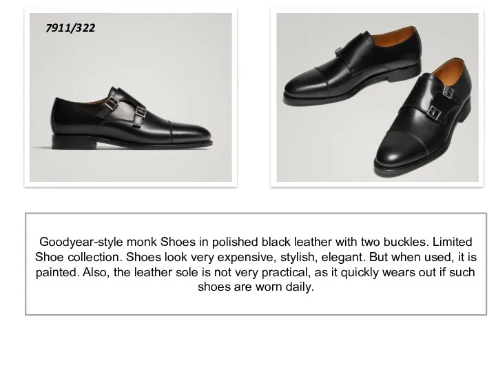 Goodyear-style monk Shoes in polished black leather with two buckles. Limited Shoe collection.