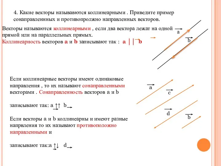 4. Какие векторы называвются коллинеарными . Приведите пример сонаправленнных и