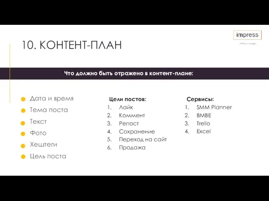 10. КОНТЕНТ-ПЛАН Что должно быть отражено в контент-плане: Дата и