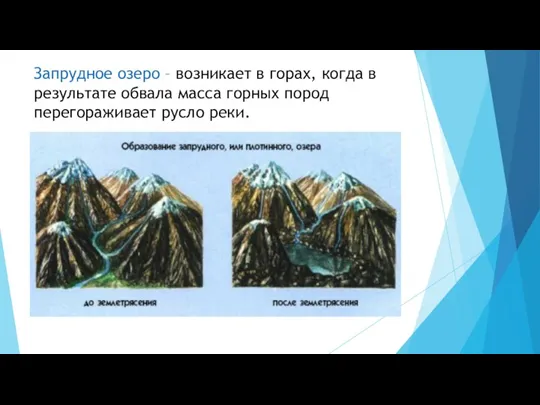 Запрудное озеро – возникает в горах, когда в результате обвала масса горных пород перегораживает русло реки.