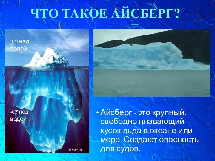ЧТО ТАКОЕ АЙСБЕРГ? Айсберг - это крупный, свободно плавающий кусок льда в океане