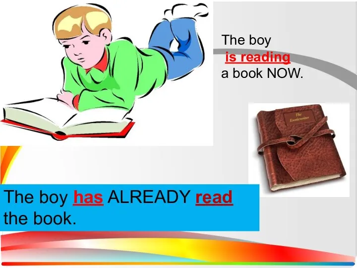 The boy is reading a book NOW. The boy has ALREADY read the book.