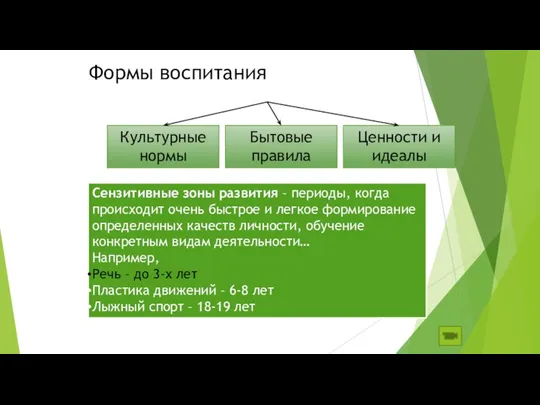 Формы воспитания Культурные нормы Бытовые правила Ценности и идеалы Сензитивные