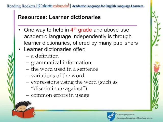 Resources: Learner dictionaries One way to help in 4th grade