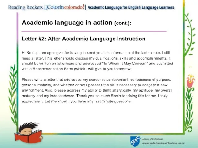 Academic language in action (cont.): Letter #2: After Academic Language