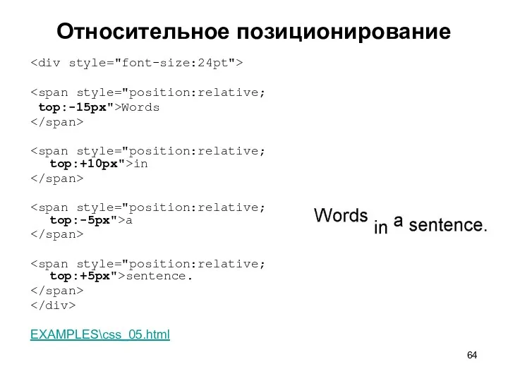 Относительное позиционирование top:-15px">Words in a sentence. EXAMPLES\css_05.html