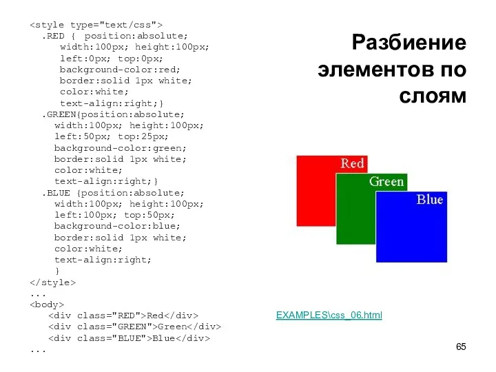 Разбиение элементов по слоям .RED { position:absolute; width:100px; height:100px; left:0px;