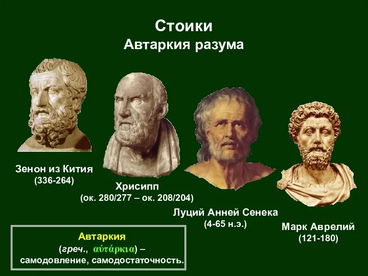 Стоики Автаркия разума Зенон из Кития (336-264) Хрисипп (ок. 280/277