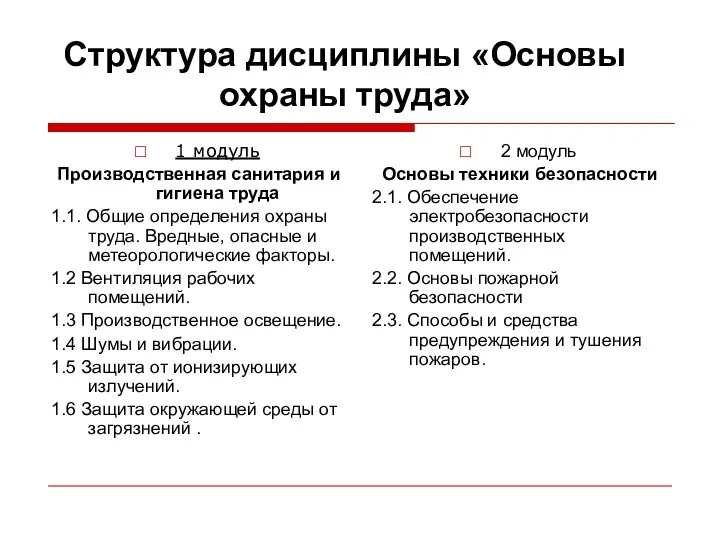 Структура дисциплины «Основы охраны труда» 1 модуль Производственная санитария и