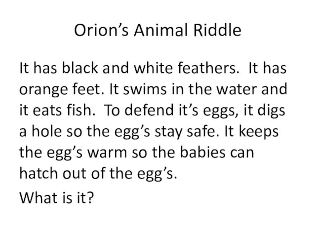 Orion’s Animal Riddle It has black and white feathers. It