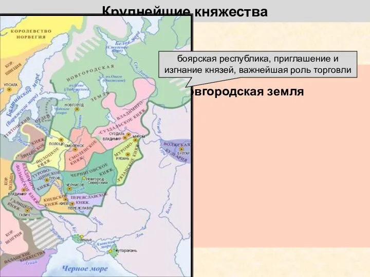 Крупнейшие княжества Новгородская земля боярская республика, приглашение и изгнание князей, важнейшая роль торговли
