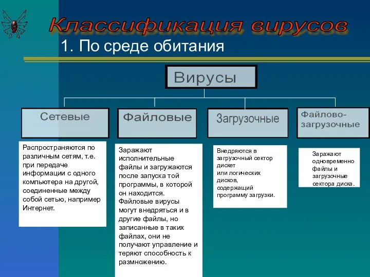 1. По среде обитания Классификация вирусов Распространяются по различным сетям,