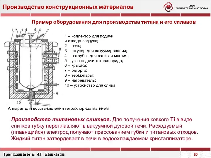 Производство конструкционных материалов Преподаватель: И.Г. Башкатов Пример оборудования для производства