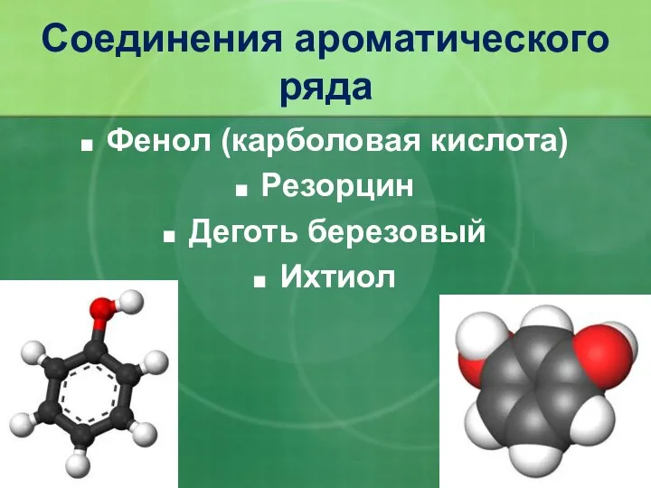 Фенол (карболовая кислота) Резорцин Деготь березовый Ихтиол Соединения ароматического ряда