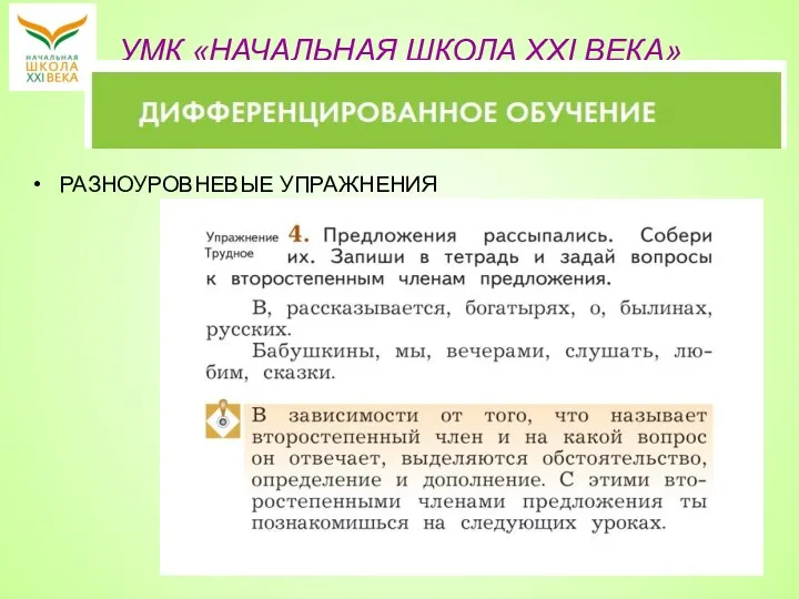 УМК «НАЧАЛЬНАЯ ШКОЛА XXI ВЕКА» РАЗНОУРОВНЕВЫЕ УПРАЖНЕНИЯ