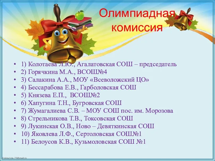 Олимпиадная комиссия 1) Колотаева Л.Ю., Агалатовская СОШ – председатель 2) Горячкина М.А., ВСОШ№4