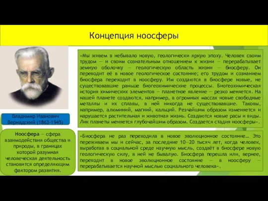 Концепция ноосферы Владимир Иванович Вернадский (1863-1945) «Мы живем в небывало новую, геологически яркую