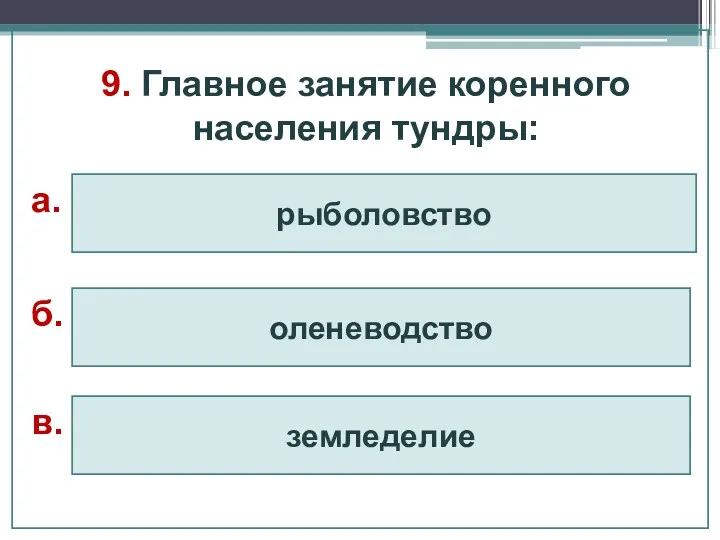 9. Главное занятие коренного населения тундры: рыболовство оленеводство земледелие а. б. в.