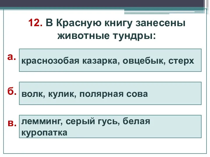 12. В Красную книгу занесены животные тундры: краснозобая казарка, овцебык,