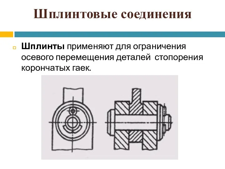 Шплинтовые соединения Шплинты применяют для ограничения осевого перемещения деталей стопорения корончатых гаек.