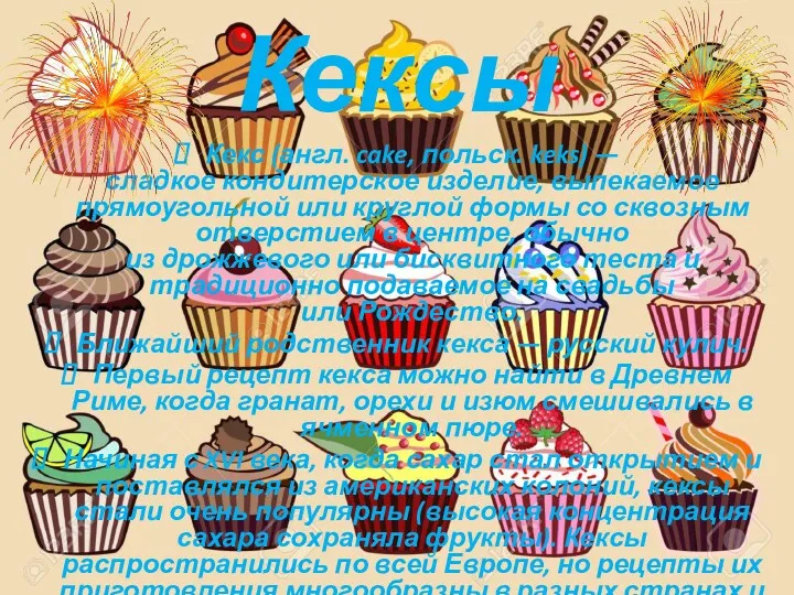 Кексы Кекс (англ. cake, польск. keks) — сладкое кондитерское изделие,