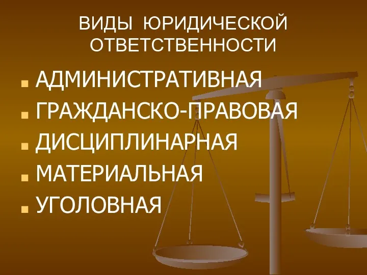 ВИДЫ ЮРИДИЧЕСКОЙ ОТВЕТСТВЕННОСТИ АДМИНИСТРАТИВНАЯ ГРАЖДАНСКО-ПРАВОВАЯ ДИСЦИПЛИНАРНАЯ МАТЕРИАЛЬНАЯ УГОЛОВНАЯ