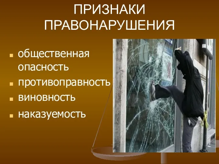 ПРИЗНАКИ ПРАВОНАРУШЕНИЯ общественная опасность противоправность виновность наказуемость