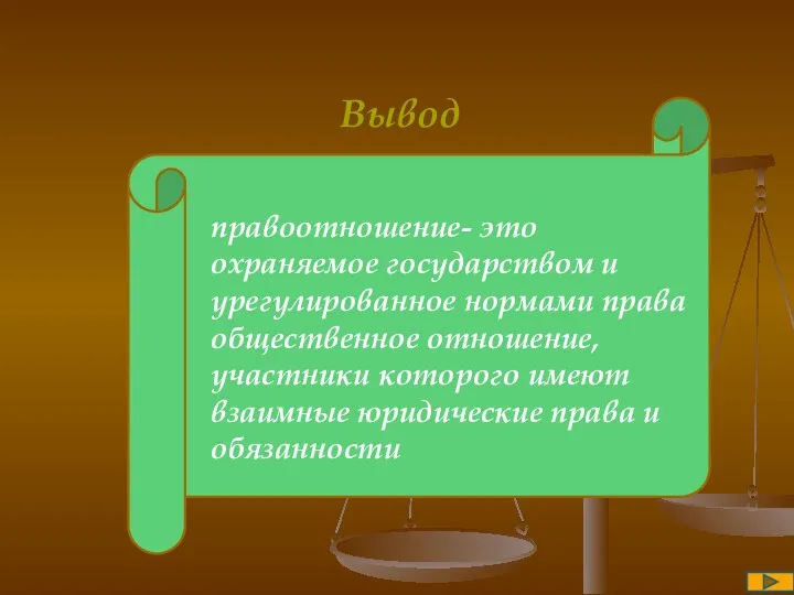 Вывод правоотношение- это охраняемое государством и урегулированное нормами права общественное