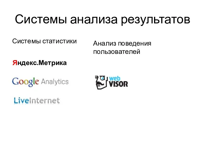 Системы анализа результатов Системы статистики Яндекс.Метрика Анализ поведения пользователей