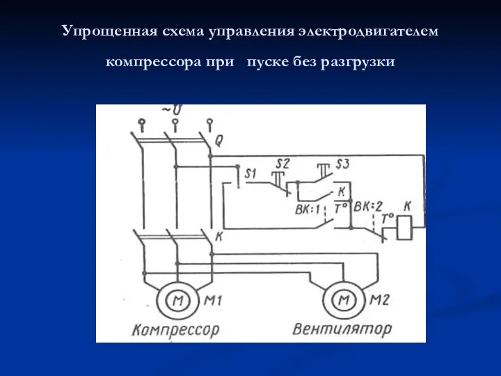 Упрощенная схема управления электродвигателем компрессора при пуске без разгрузки