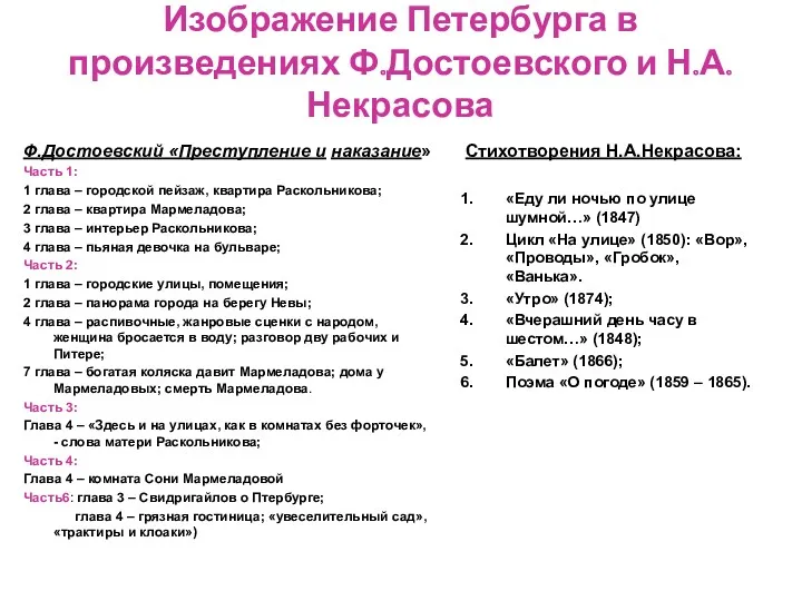 Изображение Петербурга в произведениях Ф.Достоевского и Н.А.Некрасова Ф.Достоевский «Преступление и