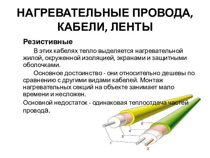 НАГРЕВАТЕЛЬНЫЕ ПРОВОДА, КАБЕЛИ, ЛЕНТЫ Резистивные В этих кабелях тепло выделяется