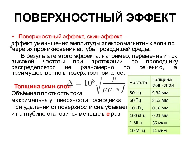 ПОВЕРХНОСТНЫЙ ЭФФЕКТ Поверхностный эффект, скин-эффект — эффект уменьшения амплитуды электромагнитных