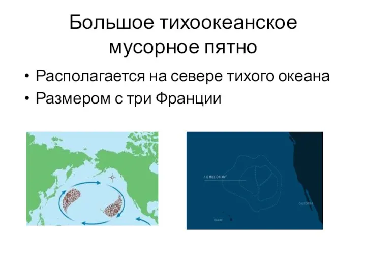 Большое тихоокеанское мусорное пятно Располагается на севере тихого океана Размером с три Франции