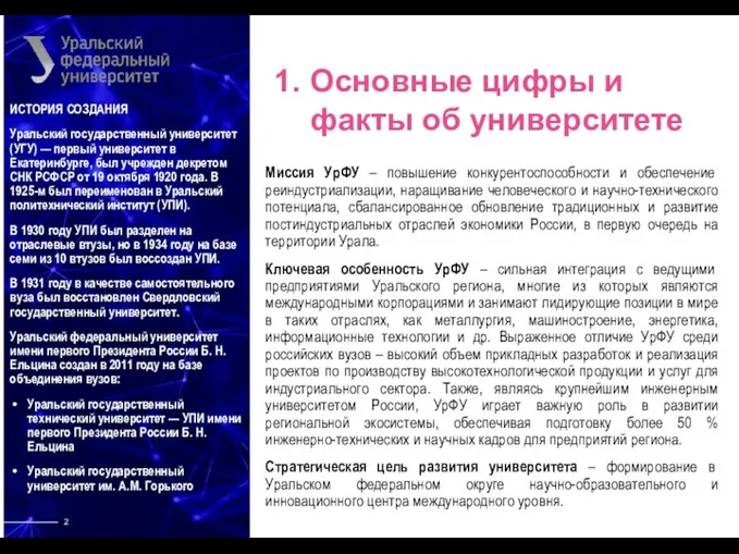 1. Основные цифры и факты об университете Миссия УрФУ – повышение конкурентоспособности и