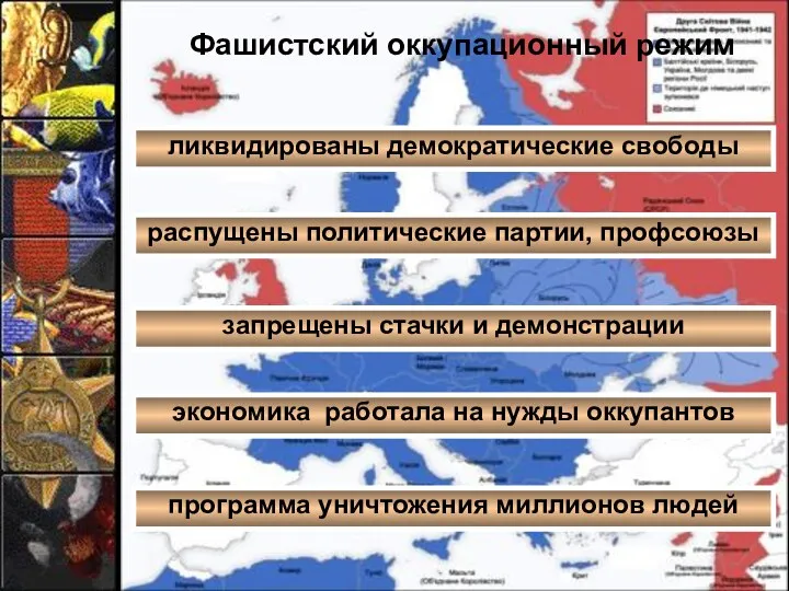 ликвидированы демократические свободы Фашистский оккупационный режим распущены политические партии, профсоюзы