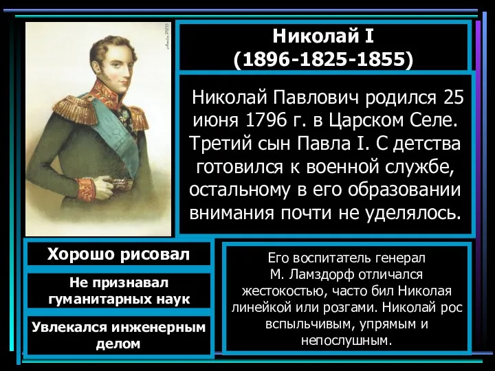 Николай I (1896-1825-1855) Николай Павлович родился 25 июня 1796 г. в Царском Селе.