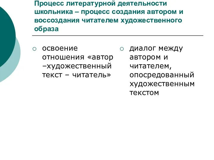 Процесс литературной деятельности школьника – процесс создания автором и воссоздания