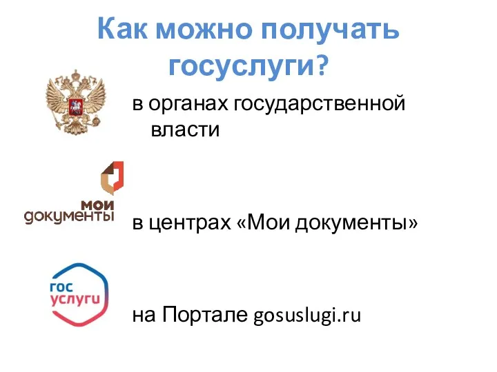 Как можно получать госуслуги? в органах государственной власти в центрах «Мои документы» на Портале gosuslugi.ru