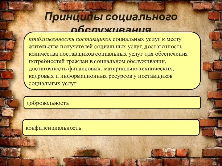 Принципы социального обслуживания добровольность конфиденциальность приближенность поставщиков социальных услуг к