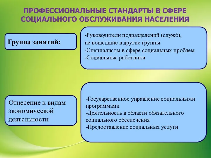 ПРОФЕССИОНАЛЬНЫЕ СТАНДАРТЫ В СФЕРЕ СОЦИАЛЬНОГО ОБСЛУЖИВАНИЯ НАСЕЛЕНИЯ Группа занятий: Отнесение