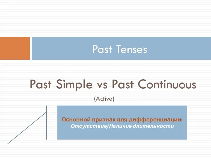 Past Simple vs Past Continuous (Active) Past Tenses Основной признак для дифференциации: Отсутствие/Наличие длительности