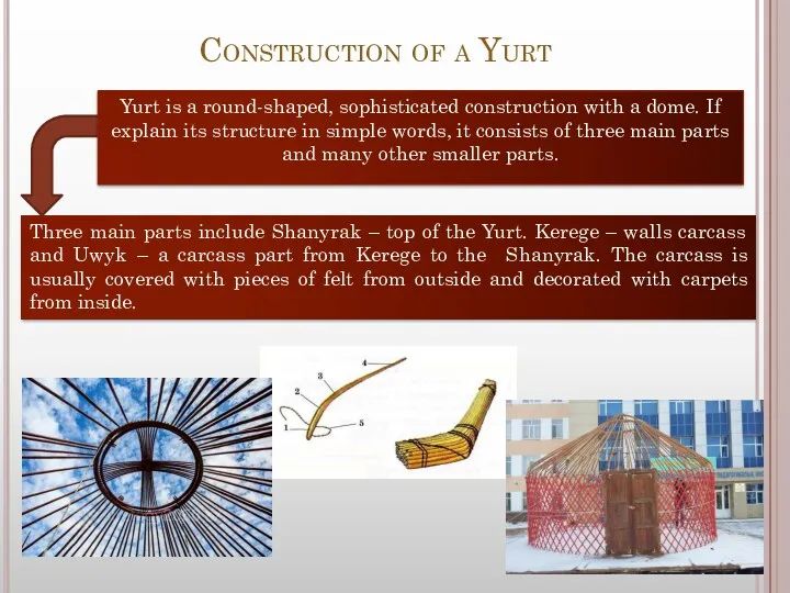 Construction of a Yurt Yurt is a round-shaped, sophisticated construction