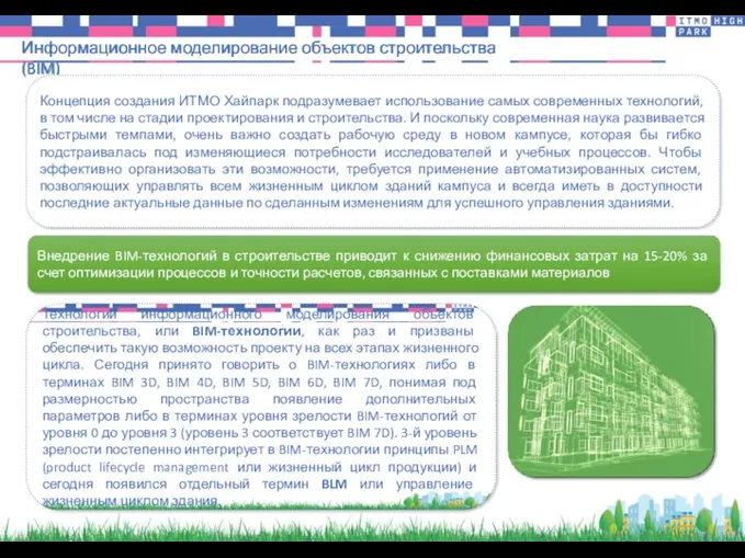 Информационное моделирование объектов строительства (BIM) Концепция создания ИТМО Хайпарк подразумевает