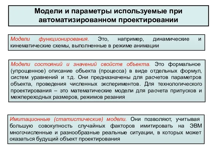 Модели и параметры используемые при автоматизированном проектировании Модели функционирования. Это,